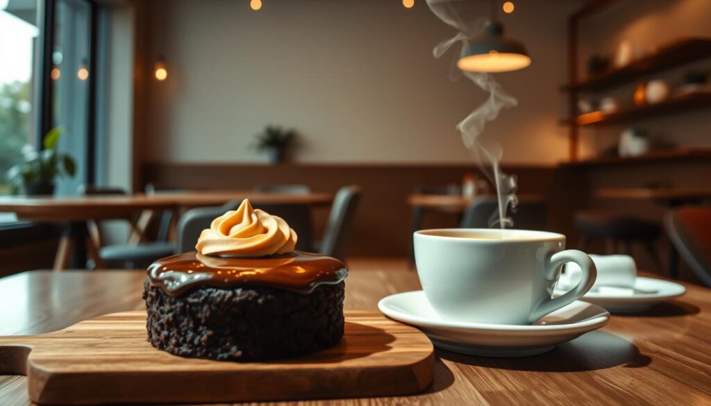 A cozy cafe setting, with warm lighting and a welcoming atmosphere. In the foreground, a delectable dessert stands out - a rich, moist chocolate cake with a glistening glaze, adorned with a swirl of creamy coffee-infused frosting. The cake is placed atop a wooden serving board, alongside a steaming cup of aromatic coffee, its fragrant steam curling upwards. In the background, a minimalist, Scandinavian-inspired interior with natural wood accents and clean lines provides a sophisticated backdrop. The overall scene evokes a sense of indulgence and sophistication, capturing the essence of the "Baked by Rossa" dessert and coffee experience.