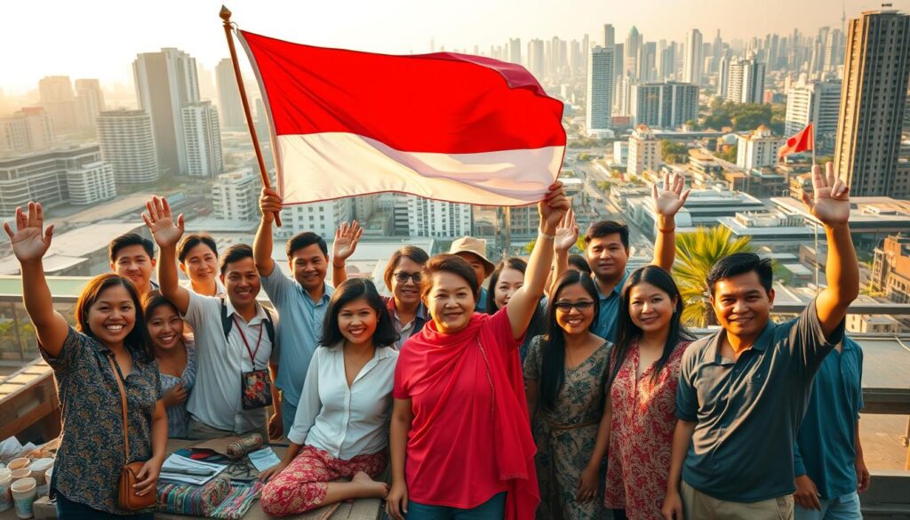 A vibrant scene of Indonesian patriotism and productivity. In the foreground, a group of diverse individuals proudly waving the Indonesian flag, their expressions exuding a sense of unity and national pride. The middle ground features artisanal workshops, where skilled craftspeople create traditional Indonesian goods with intricate designs and techniques. In the background, a bustling cityscape with modern skyscrapers and infrastructure, symbolizing the nation's economic progress and technological advancements. The lighting is warm and golden, evoking a sense of warmth and optimism. The overall composition conveys a harmonious blend of Indonesia's rich cultural heritage and its dynamic, forward-thinking spirit.