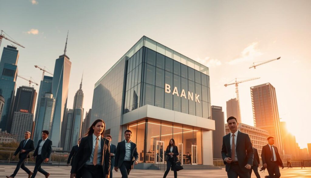 A bustling city skyline at golden hour, with towering skyscrapers and cranes dotting the horizon. In the foreground, a group of professionals in business attire stride purposefully, their faces fixed with determined expressions. In the middle ground, the facade of a modern bank branch shines with sleek, minimalist design. Behind it, a sprawling data center hums with the energy of digital innovation. The scene is bathed in warm, rich tones, conveying a sense of opportunity, progress, and the dynamic interplay between traditional finance and emerging digital business.