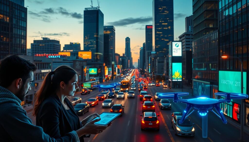 A bustling cityscape at dusk, bathed in the warm glow of streetlights and digital displays. In the foreground, a group of tech-savvy professionals collaborating over holographic interfaces, their faces illuminated by the soft blue light of their devices. In the middle ground, automated delivery drones and self-driving vehicles navigate the busy streets, while in the background, towering skyscrapers housing the headquarters of leading tech companies stand tall, their sleek, modern architecture a testament to the rapid advancement of the digital age. The scene conveys a sense of innovation, connectivity, and the transformative impact of Industry 4.0 on the modern workforce.