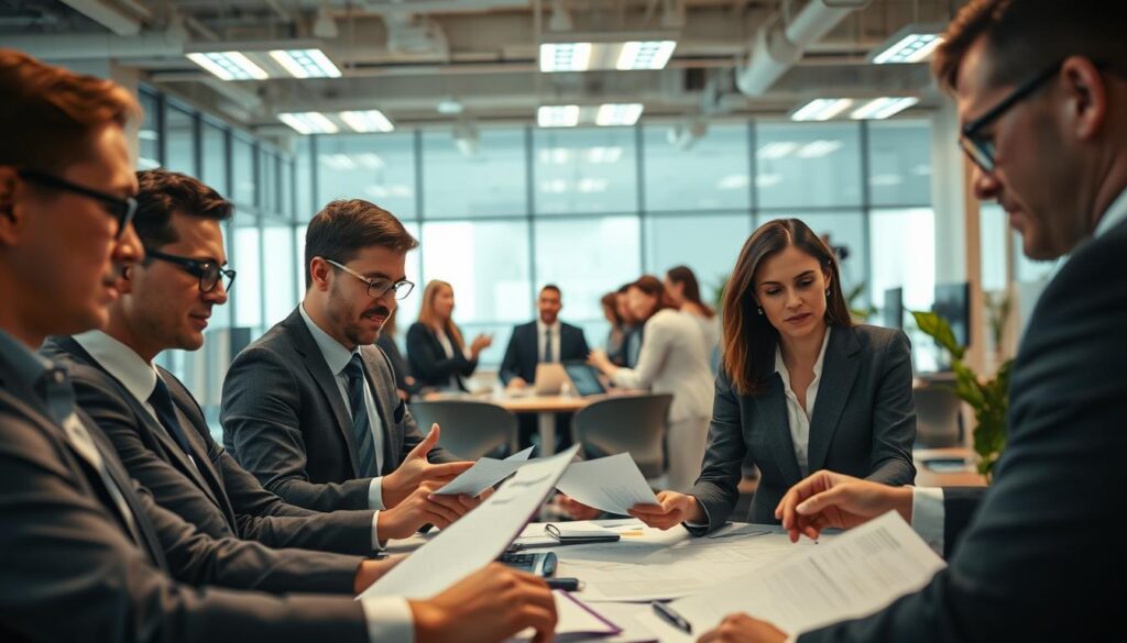 A busy office setting, with professionals in business attire engaged in various accounting-related tasks. Warm, soft lighting illuminates the scene, creating a productive and collaborative atmosphere. In the foreground, a group of colleagues poring over financial reports and spreadsheets, their expressions focused and engaged. In the middle ground, a team meeting takes place, with team members gesturing animatedly as they discuss strategies and solutions. The background features an array of modern, sleek office furniture and equipment, conveying a sense of technological advancement and efficiency. The overall impression is one of a thriving, multifaceted accounting profession, with diverse career paths and opportunities for growth and development.