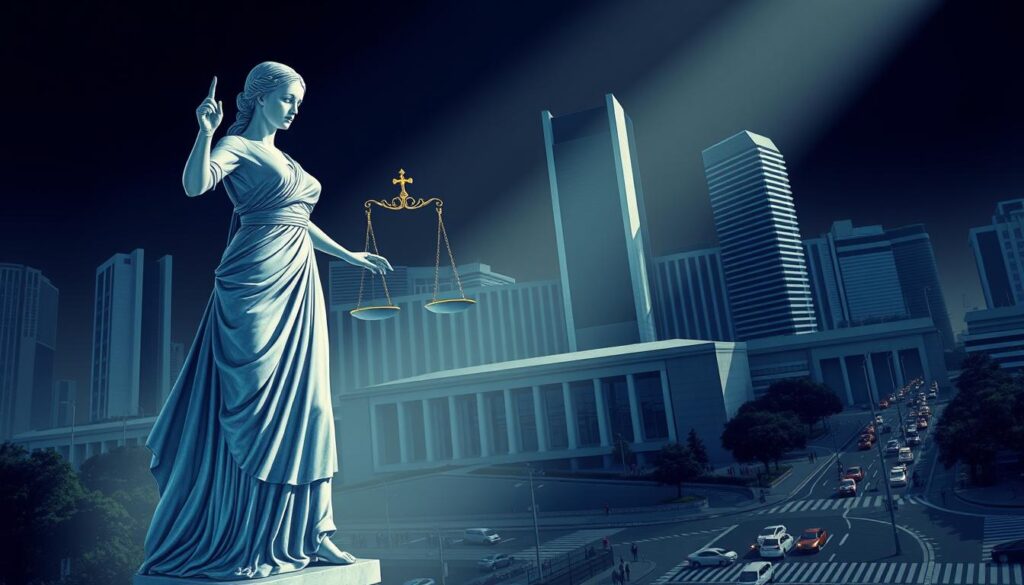 A captivating illustration of "hukum tata kelola" (good governance). In the foreground, a magnificent marble statue of Lady Justice stands tall, her blindfold and scales symbolizing the impartiality and balance of the law. Behind her, a sleek, modern government building with clean lines and towering glass facades represents the institutions that uphold the rule of law. In the background, a cityscape of skyscrapers and bustling streets conveys a sense of a thriving, well-governed metropolis. Dramatic lighting casts long shadows, adding depth and drama to the scene. The overall atmosphere evokes a sense of authority, transparency, and the harmonious interplay between the people, the government, and the legal system.