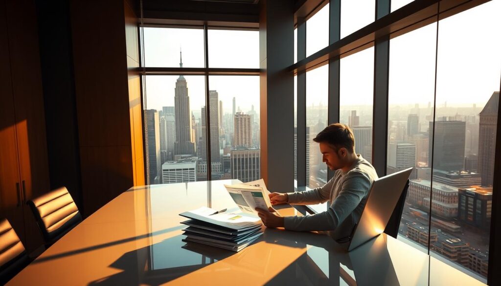 A corporate office interior with a financial analyst working diligently at a sleek, modern desk. The scene is bathed in warm, directional lighting, casting dramatic shadows and highlights across the subject's face as they study financial reports and spreadsheets. The background features a panoramic view of a bustling city skyline through floor-to-ceiling windows, conveying a sense of high-stakes, high-reward financial work. The overall mood is one of focused professionalism and the promise of a lucrative, in-demand career path.