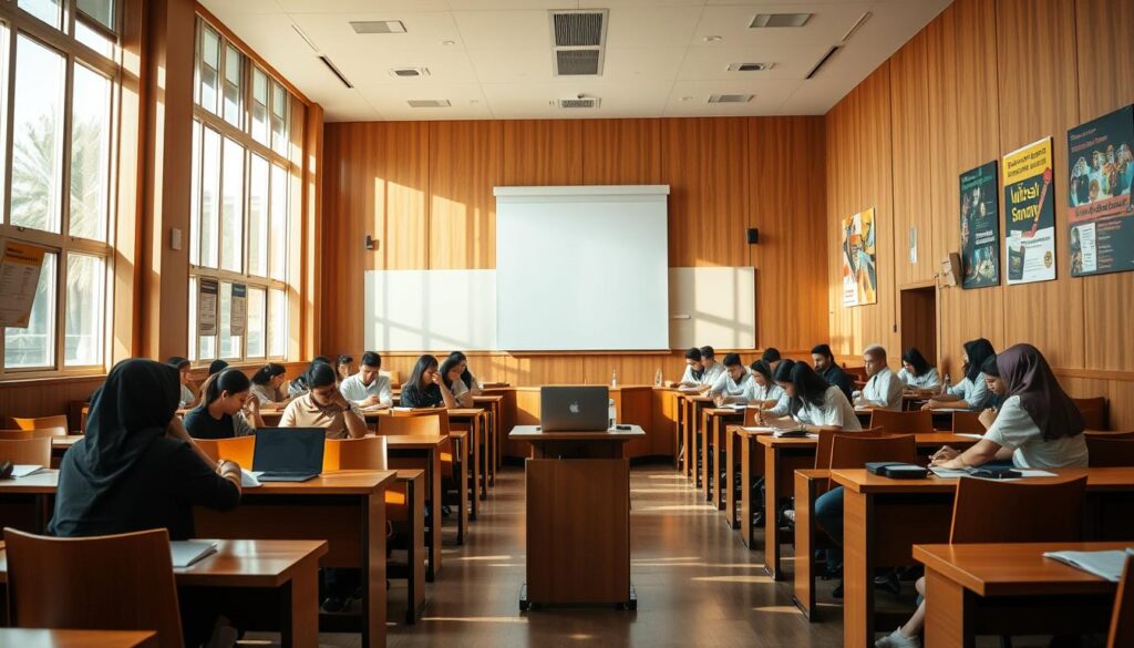 A cozy university lecture hall, sunlight streaming through large windows, casting a warm glow on the rows of wooden desks and chairs. In the center, a sleek podium with a laptop and projector, ready to display the vital course materials. The walls are adorned with vibrant academic posters, hinting at the diverse disciplines taught within. Students, engaged and focused, take notes diligently, eager to master the core subjects that will shape their future careers in economics. The atmosphere is one of intellectual curiosity and determination, capturing the essence of the "Mata Kuliah Inti, Skill Penting, and Strategi Memilih Jurusan" section.