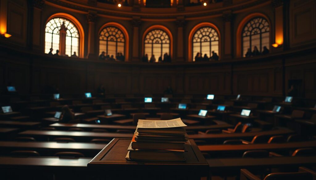 A dimly lit university lecture hall, with rows of desks and chairs arranged in a semicircle around a central podium. The room is bathed in a warm, amber glow, creating a sense of academic contemplation. On the podium, a stack of textbooks and papers lies neatly organized, hinting at the intellectual discourse that takes place within these walls. The walls are adorned with intricate architectural details, suggesting a storied history and tradition. Through the large windows, the silhouettes of students can be seen, their faces illuminated by the glow of their laptop screens, deeply engaged in their studies. The atmosphere is one of focused learning, where the pursuit of knowledge is the central focus.