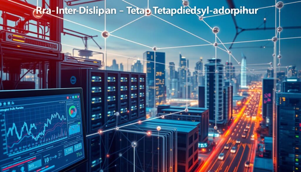 A dynamic and interconnected information system, with various components seamlessly working together. In the foreground, a sleek user interface showcases real-time data visualizations, conveying the system's ability to process and analyze complex information. In the middle ground, a network of servers and hardware systems hum with activity, powered by advanced algorithms and intelligent software. The background depicts a cityscape, symbolizing the integration of technology and business operations, where the information system acts as the backbone, enabling efficient decision-making and smooth organizational workflows. The scene is illuminated by a warm, natural lighting, creating a sense of harmony and efficiency, reflecting the overall theme of "Lintas-Disiplin yang Tetap Nyambung: Teknologi, Bisnis, dan Operasional".