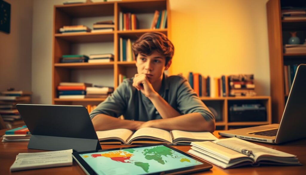 A focused, thoughtful young person sits at a desk, surrounded by educational materials and devices. The warm lighting casts a pensive, contemplative mood. In the foreground, a tablet displays an interactive map of academic programs, inviting exploration. The middle ground features open textbooks, a laptop, and carefully organized notes - the tools of strategic planning. In the background, a shelving unit holds diverse subject-matter resources, hinting at the breadth of considerations. The overall scene conveys a sense of intentionality, research, and the pursuit of an informed, deliberate academic path.