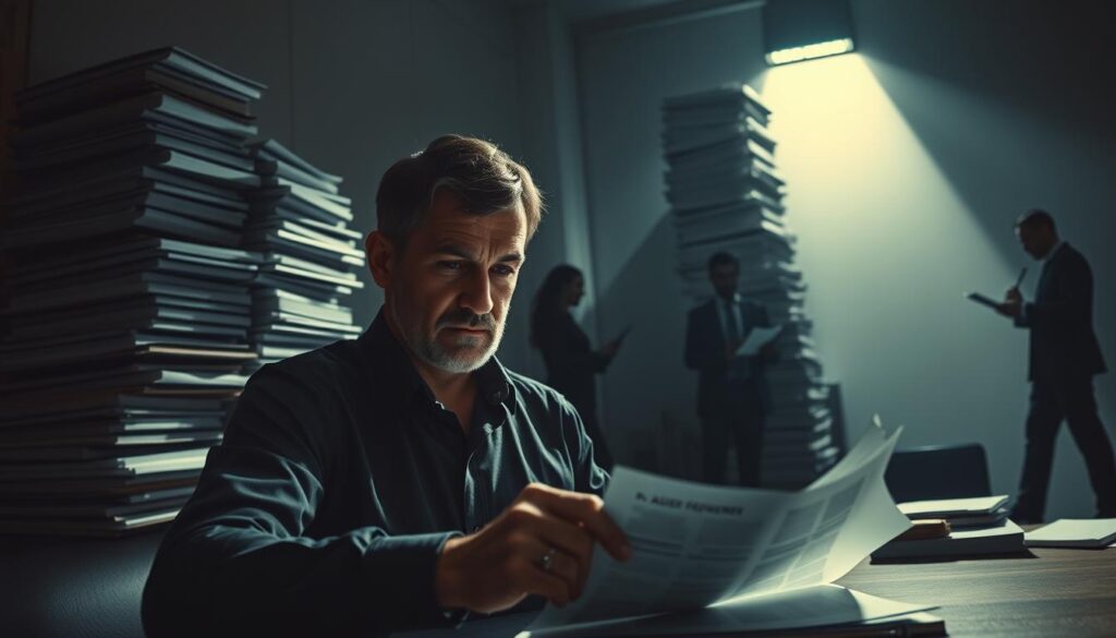 A high-contrast, dramatic scene depicting the intersection of risk, credit, and audit in the financial industry. In the foreground, a lone auditor examines a detailed report, their brow furrowed in concentration. Behind them, silhouettes of financial analysts pore over spreadsheets, calculating credit risks. In the background, a towering stack of ledgers and documents casts long shadows, symbolizing the complex web of financial oversight. Muted tones of gray, blue, and amber create a sense of seriousness and professionalism. Dramatic lighting from above illuminates the auditor's work, emphasizing the gravity of their role as a guardian of financial quality and decision-making.