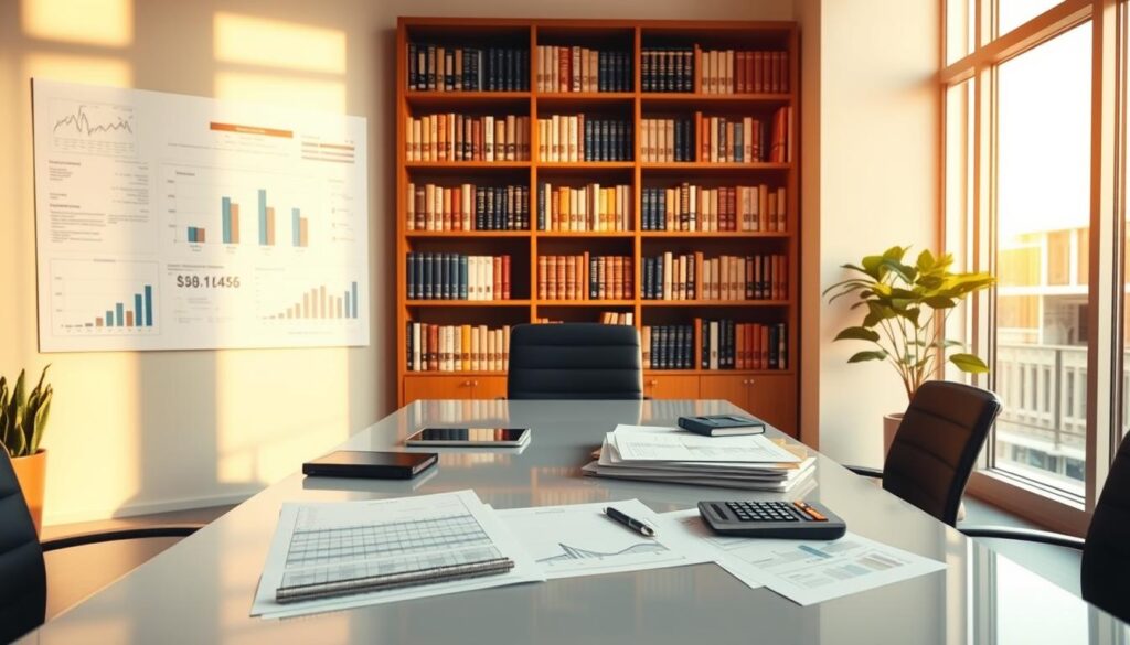 A meticulously designed office interior, illuminated by warm, natural lighting filtering through large windows. In the foreground, a sleek, modern desk adorned with a laptop, financial documents, and a calculator, representing the diligent management of financial data. The middle ground showcases organizational charts, balance sheets, and analytical graphs, conveying the complexities of financial analysis. In the background, bookcases brimming with finance and accounting reference materials, creating an atmosphere of expertise and professionalism. The overall scene exudes a sense of order, precision, and the critical role of financial management in the world of business and accounting.
