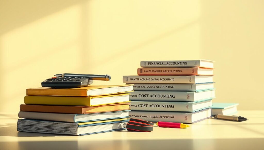 A meticulously detailed, realistic illustration of a collection of textbooks, notepads, and stationery associated with key accounting courses. Warm, natural lighting illuminates the scene, casting subtle shadows. The arrangement is well-organized, suggesting the structured nature of the subject matter. In the foreground, a calculator, pen, and highlighters sit atop a stack of textbooks, hinting at the quantitative and analytical nature of the curriculum. In the middle ground, additional textbooks and notebooks are displayed, their spines showcasing titles related to financial accounting, managerial accounting, and cost accounting. The background features a clean, minimalist desk surface, creating a serene, focused atmosphere conducive to academic study.