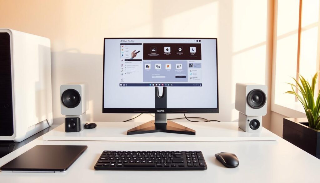 A modern and sleek computer system with a minimalist design, featuring a central display unit, a wireless keyboard and mouse, and a clean, uncluttered workspace. The system is bathed in a warm, natural lighting, creating a calming and productive atmosphere. The display showcases a user interface with clean, intuitive icons and a balanced, symmetrical layout. The overall composition conveys a sense of efficiency, focus, and technological advancement, suitable for an article on alternative majors for students not accepted into accounting programs.