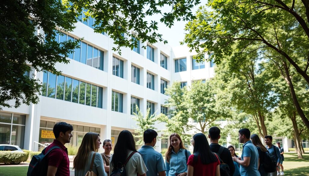A modern, dynamic campus building with clean lines and large windows, set against a backdrop of lush greenery. In the foreground, a group of students engaged in lively discussion, representing the vibrant academic community. The lighting is bright and natural, conveying a sense of energy and focus. The angle is slightly elevated, capturing the overall scale and atmosphere of the faculty of economics. The mood is one of intellectual curiosity, collaboration, and a forward-thinking approach to business education.