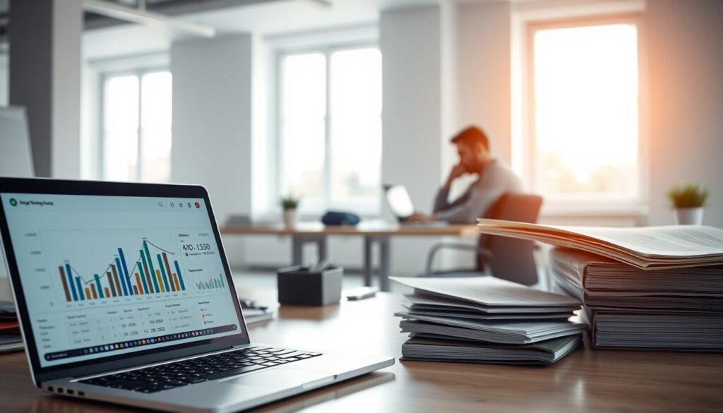 A modern, minimalist office setting with a focus on accounting and information systems. In the foreground, a laptop displays a finance dashboard, surrounded by neatly organized folders and office supplies. In the middle ground, a person sits at a desk, deep in thought, working on financial reports. The background features a clean, well-lit room with large windows, allowing natural light to pour in. The overall mood is one of professionalism, efficiency, and attention to detail, reflecting the discipline of accounting and information systems.