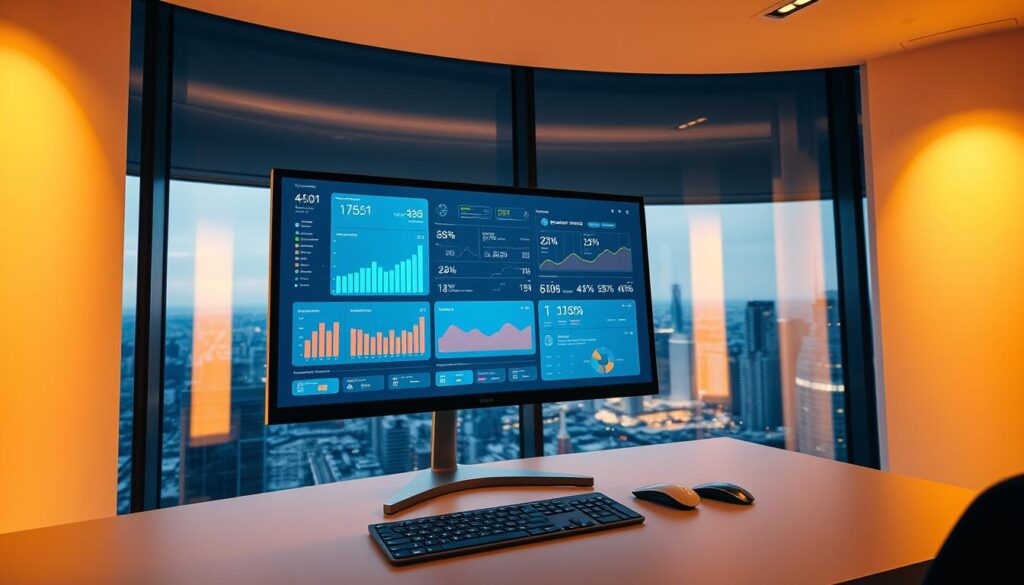 A modern, sleek office interior with a large, curved computer monitor displaying a financial dashboard. The screen shows graphs, charts, and data visualizations, illuminating the synergy between accounting and information systems. Warm, indirect lighting casts a soft glow, creating a productive and efficient atmosphere. The workstation is minimalist, with a slim keyboard and mouse, accentuating the streamlined, technology-driven nature of contemporary accounting practices. In the background, a window offers a panoramic view of a bustling cityscape, symbolizing the integration of finance and technology in a dynamic, forward-thinking environment.
