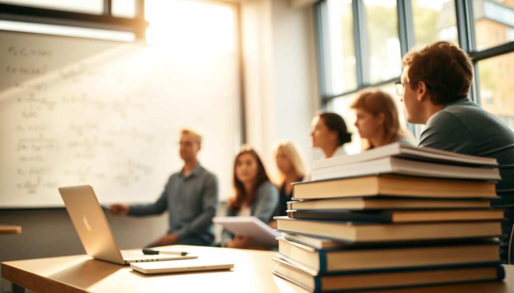 A modern university classroom, sunlight streaming through large windows, illuminating a whiteboard covered in equations and diagrams. At the center, a group of students intently focused on a presentation, their faces lit with curiosity and engagement. In the foreground, a stack of textbooks and a laptop, symbols of the core academic subjects. The background blurs softly, hinting at the broader campus environment. The overall mood is one of focused intellectual pursuit, a space where the foundations of a specialized degree are laid.