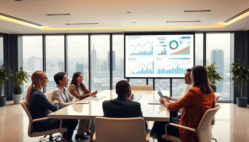 A modern, well-lit office environment showcasing the diverse career prospects in financial management. In the foreground, a group of professionals gathered around a sleek conference table, engaged in an animated discussion, their expressions reflecting the dynamism of the field. The middle ground features an array of financial reports, charts, and graphs projected onto a large screen, illustrating the analytical and strategic nature of their work. The background depicts a panoramic view of a bustling city skyline, hinting at the global reach and impact of the financial industry. Warm, muted tones create a sense of professionalism and authority, while subtle, geometric shapes lend a sense of order and precision to the scene.