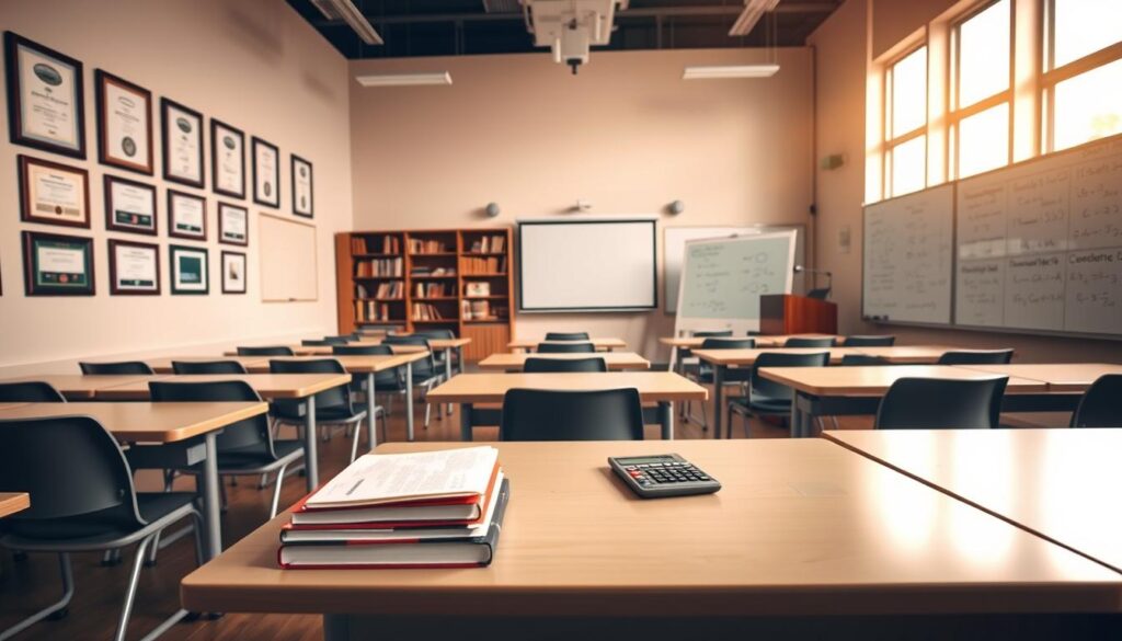 A neatly organized accounting classroom, with rows of desks and chairs arranged in a formal, professional setting. The room is illuminated by warm, natural lighting from large windows, casting a soft glow over the scene. On the walls, framed certificates and diplomas hang, signifying the academic excellence of this accounting program. In the foreground, a stack of textbooks and a calculator sit on one of the desks, hinting at the rigorous curriculum. The middle ground features a projection screen and a podium, suggesting an active learning environment. In the background, a bookshelf filled with accounting references and a whiteboard with detailed formulas create an atmosphere of intellectual discourse and academic focus. Overall, the scene conveys a sense of diligence, prestige, and the promise of a rewarding career in the field of accounting.