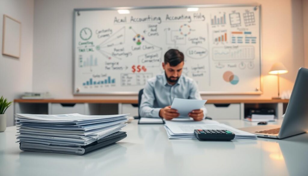 A neatly organized accounting office with a clean, professional atmosphere. In the foreground, a stack of financial documents and a calculator reside on a sleek, modern desk. The middle ground features a person, dressed in a crisp, button-down shirt, diligently reviewing financial statements. In the background, a wall-mounted whiteboard displays various accounting-related concepts, formulas, and workflow diagrams. Warm, diffused lighting illuminates the scene, creating a sense of focus and productivity. The overall composition conveys the overlapping competencies between accounting and other professions, showcasing the versatility of accounting skills.