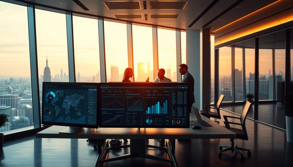 A sleek, modern office interior with a central desk and computer setup. The foreground features a large data visualization dashboard, displaying complex charts, graphs, and analytics. The middle ground shows a team of professionals collaborating around the desk, deep in discussion. The background showcases floor-to-ceiling windows, providing a panoramic view of a bustling city skyline. The lighting is warm and inviting, creating a productive and innovative atmosphere. The overall scene conveys the power of information systems and data analytics to drive business insights and career opportunities in the modern digital landscape.