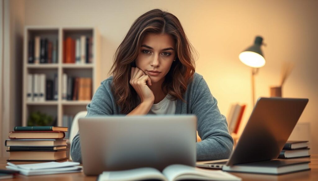A thoughtful young person deeply engrossed in contemplation, surrounded by books and a laptop, against a backdrop of a serene and minimalist study area. Soft, warm lighting illuminates the scene, creating a cozy and reflective atmosphere. The subject's expression conveys a sense of focused consideration as they weigh their educational and career options, mindful of aligning their interests, talents, and future aspirations. The image captures the pivotal moment of careful deliberation in the journey of choosing a university major or alternative path.