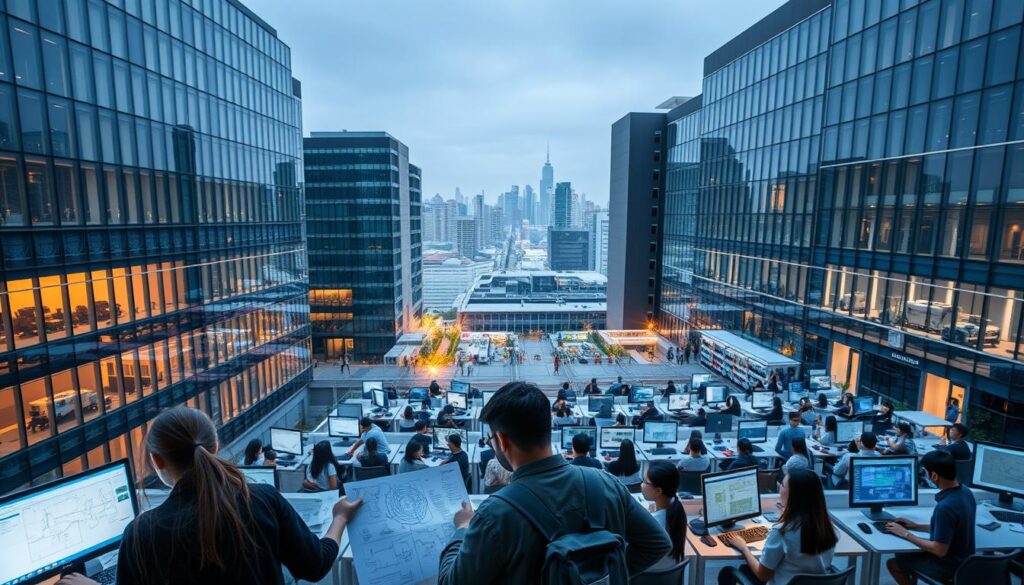 A vast, modern campus with sleek, angular buildings in shades of glass and steel. In the foreground, a group of students intently studying technical diagrams and schematics, their faces illuminated by the glow of computer screens. The midground features well-equipped laboratories filled with advanced equipment, while the background showcases a panoramic view of the city skyline, hinting at the diverse opportunities awaiting these aspiring engineers. Crisp, diffused lighting casts a professional, focused atmosphere, accentuating the precision and analytical nature of the "jurusan teknik" field.