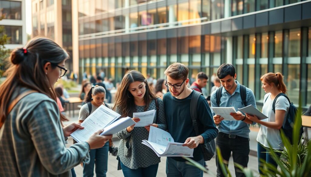 A vibrant campus setting, with students engaged in lively discussions and collaborative activities. In the foreground, a group of young adults poring over financial reports and spreadsheets, deep in thought. The middle ground features a bustling student lounge, where peers exchange ideas and network. In the background, modern university buildings with sleek glass facades, reflecting the cutting-edge nature of the economics program. Soft, natural lighting filters in, creating a warm and inviting atmosphere. The scene conveys a sense of intellectual curiosity, entrepreneurial spirit, and the dynamic nature of the economics field.