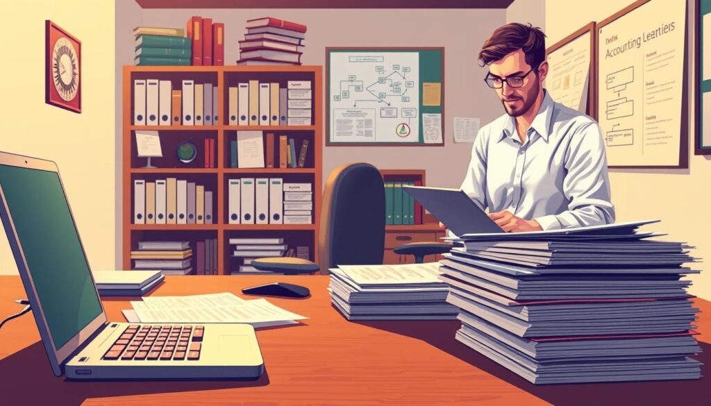 A vibrant, detailed illustration of the accounting process. In the foreground, a meticulously rendered desk with a laptop, calculator, and stacks of financial documents. Midground, an accountant in a crisp white shirt, focused on inputting data. In the background, a bookshelf filled with accounting textbooks and a bulletin board displaying flow charts and diagrams. Warm, directional lighting illuminates the scene, creating a professional, productive atmosphere. The composition emphasizes the organized, systematic nature of the accounting workflow. Realistic textures, subtle shadows, and a muted color palette convey the serious, technical nature of the subject matter.