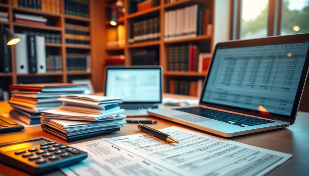 A well-organized accountant's workspace, bathed in warm, focused lighting. In the foreground, a calculator, meticulously arranged stacks of financial documents, and a pen poised over a ledger. The middle ground features a sleek laptop, its screen displaying a spreadsheet with intricate formulas. In the background, bookshelves line the walls, housing volumes on taxation, auditing, and financial analysis. The overall atmosphere exudes professionalism, attention to detail, and the intellectual rigor required for the field of accounting.