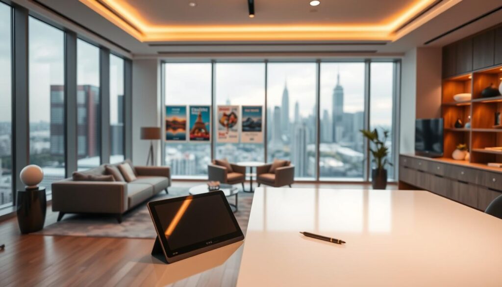 An elegant, sleek design studio with minimalist furniture and warm lighting. In the foreground, a designer's desk showcases a tablet and stylus, hinting at the digital creative work. The middle ground features a wall display of vibrant travel posters, blending design and tourism. In the background, large windows overlook a bustling city skyline, reflecting the dynamic, interdisciplinary nature of the field. The overall atmosphere radiates professionalism, creativity, and a harmonious synergy between design, digital media, and the hospitality industry.