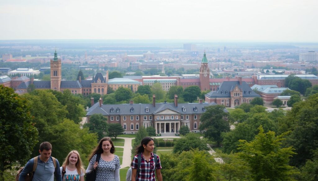 An expansive university campus, its stately buildings nestled amidst lush greenery, stands as a beacon of academic excellence. In the foreground, a group of prospective students explore the grounds, their eager expressions reflecting the promise of the institutions they are considering. The mid-ground reveals a diverse array of faculties, each represented by distinctive architectural styles that hint at the breadth of disciplines on offer. In the background, a panoramic view showcases the vibrant cityscape beyond, a testament to the integration of these hallowed halls with the dynamic urban landscape. Soft, diffused lighting casts a warm, inviting glow, evoking a sense of intellectual vitality and opportunity that permeates this premier educational destination.
