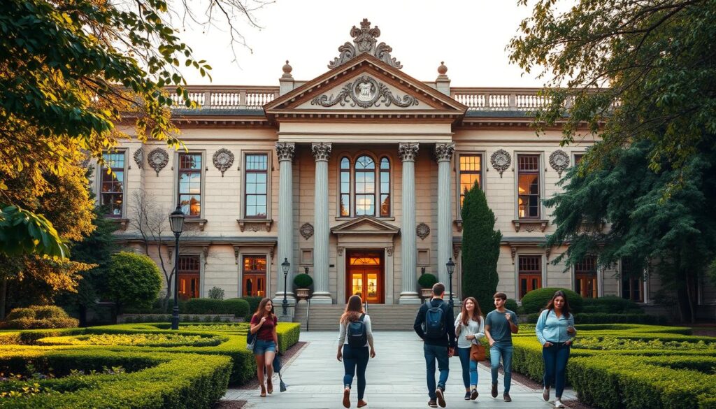 An ornate campus building with a grand, neo-classical facade stands amidst a lush, manicured garden. Intricate stone carvings and columns frame the entrance, conveying a sense of academic prestige and tradition. Warm, golden light filters through the windows, casting a welcoming glow. In the foreground, students in casual attire move about purposefully, engaged in lively discussions. The overall scene evokes a harmonious balance between intellectual pursuit and vibrant student life, perfectly capturing the essence of a thriving "program studi" or academic program.
