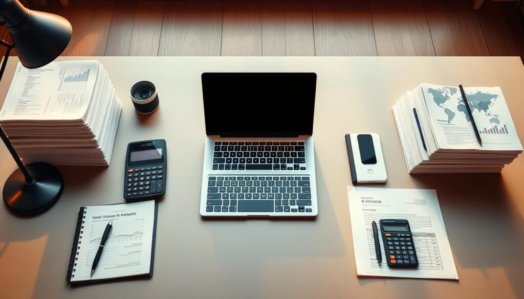 Elegant corporate financial report, soft golden light illuminates a meticulously organized desk with a laptop, calculator, and neat stacks of documents. Sleek minimalist design, muted color palette of grays, blacks, and warm wood tones. A sense of professionalism, precision, and attention to detail radiates from the scene. The layout is balanced, with the central laptop serving as the focal point, surrounded by supporting elements that convey the essence of accounting and financial management. The atmosphere is one of focus, diligence, and the importance of accurate financial reporting.