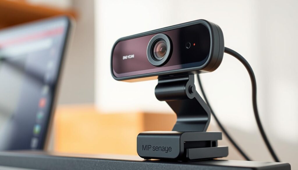 A high-quality USB webcam with a sleek, modern design, featuring a 4K sensor and a wide-angle lens for capturing clear, crisp video. The webcam is connected to a PC via a USB-C cable, allowing for seamless integration and high-performance video streaming without the need for any additional software. The webcam is positioned on a sturdy, adjustable stand, allowing for flexible placement and optimal framing. The lighting is natural and softly diffused, creating a warm, inviting atmosphere. The overall scene conveys a sense of efficiency and technical proficiency, perfect for a professional setup.