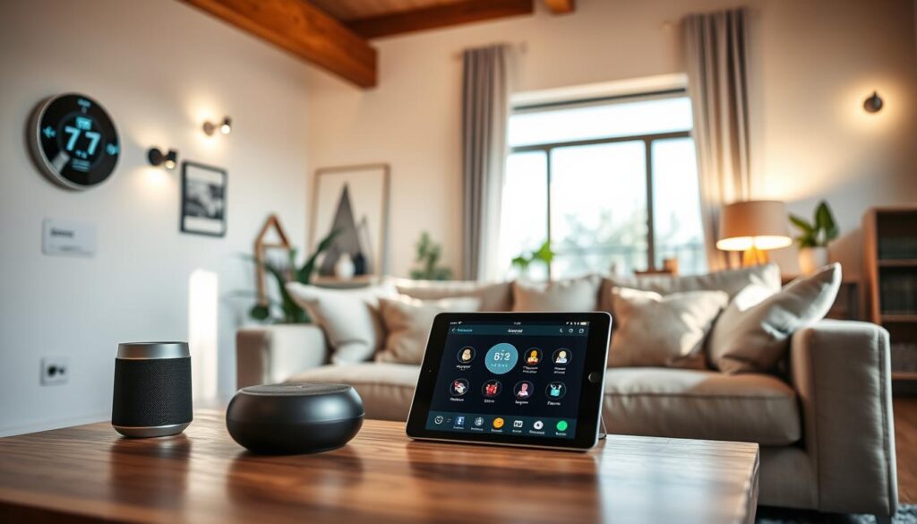 A modern living room featuring a variety of smart home devices, including a sleek smart thermostat, a voice-activated smart speaker, smart light fixtures, and a smart security camera integrated into the design. The foreground showcases a stylish coffee table with a tablet displaying a smart home app interface. In the middle, a comfortable sofa with smart pillows can be seen. The background reveals a large window letting in natural light, highlighting the room's modern aesthetics. Warm and inviting atmosphere, with soft lighting that enhances the tech-savvy feel. The scene should be photographed from a slight angle, capturing depth and a sense of everyday life. No people present in the image.