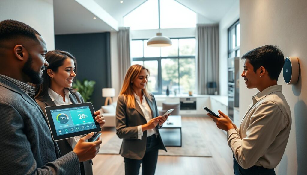 A modern smart home interior showcasing the benefits of smart technology. In the foreground, a diverse group of three people in professional attire engage with smart devices, such as a tablet displaying energy consumption data and a smart thermostat on the wall. In the middle, a sleek living room features automated lighting, smart speakers, and energy-efficient appliances, demonstrating advanced technology seamlessly integrated into daily life. The background reveals large windows letting in natural sunlight, enhancing the bright and inviting atmosphere. Soft ambient lighting complements the scene, creating a sense of comfort and efficiency. Capture this from an eye-level angle, highlighting the harmonious blend of technology and home living in a contemporary style.
