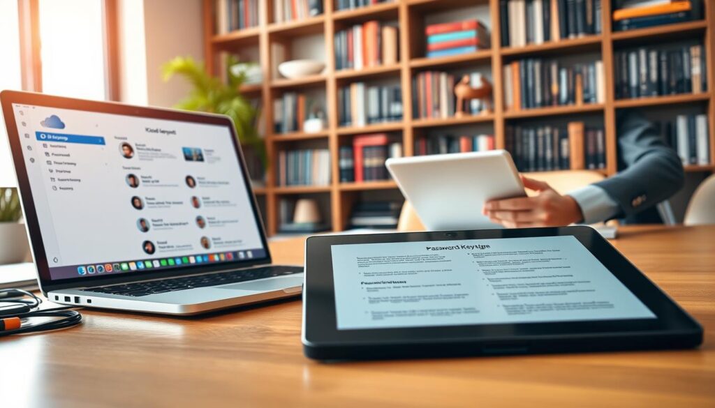 A professional office setting showcasing a neatly organized workspace. In the foreground, a modern laptop displaying the iCloud Keychain interface, with visuals of password management features. A person, dressed in business casual attire, is actively using the laptop, focused on managing various passwords. In the middle ground, a digital tablet lays open with notes and tips for effective password management. The background features a soft-focus arrangement of bookshelves filled with tech and cybersecurity books, suggesting an atmosphere of knowledge and security. Warm, natural light filters through a window, enhancing the inviting and productive mood of the scene. A professional office setting showcasing a neatly organized workspace. In the foreground, a modern laptop displaying the iCloud Keychain interface, with visuals of password management features. A person, dressed in business casual attire, is actively using the laptop, focused on managing various passwords. In the middle ground, a digital tablet lays open with notes and tips for effective password management. The background features a soft-focus arrangement of bookshelves filled with tech and cybersecurity books, suggesting an atmosphere of knowledge and security. Warm, natural light filters through a window, enhancing the inviting and productive mood of the scene.