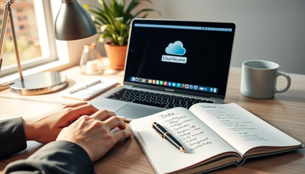 A sleek and modern workspace featuring a laptop with the iCloud Keychain interface displayed prominently on the screen. In the foreground, a pair of hands typing on a keyboard, wearing professional business attire, symbolizes productivity and efficiency. In the middle, an open notebook with handwritten tips and tricks related to iCloud Keychain management, alongside a stylish pen and a coffee cup. The background includes a softly lit desk lamp and a potted plant, creating a warm and inviting atmosphere. Natural light streams through a nearby window, casting gentle shadows and highlighting the workspace's organized layout, conveying a sense of security and professionalism in password management. The overall mood is focused and motivational, inviting the viewer to explore the advantages of iCloud Keychain. A sleek and modern workspace featuring a laptop with the iCloud Keychain interface displayed prominently on the screen. In the foreground, a pair of hands typing on a keyboard, wearing professional business attire, symbolizes productivity and efficiency. In the middle, an open notebook with handwritten tips and tricks related to iCloud Keychain management, alongside a stylish pen and a coffee cup. The background includes a softly lit desk lamp and a potted plant, creating a warm and inviting atmosphere. Natural light streams through a nearby window, casting gentle shadows and highlighting the workspace's organized layout, conveying a sense of security and professionalism in password management. The overall mood is focused and motivational, inviting the viewer to explore the advantages of iCloud Keychain.