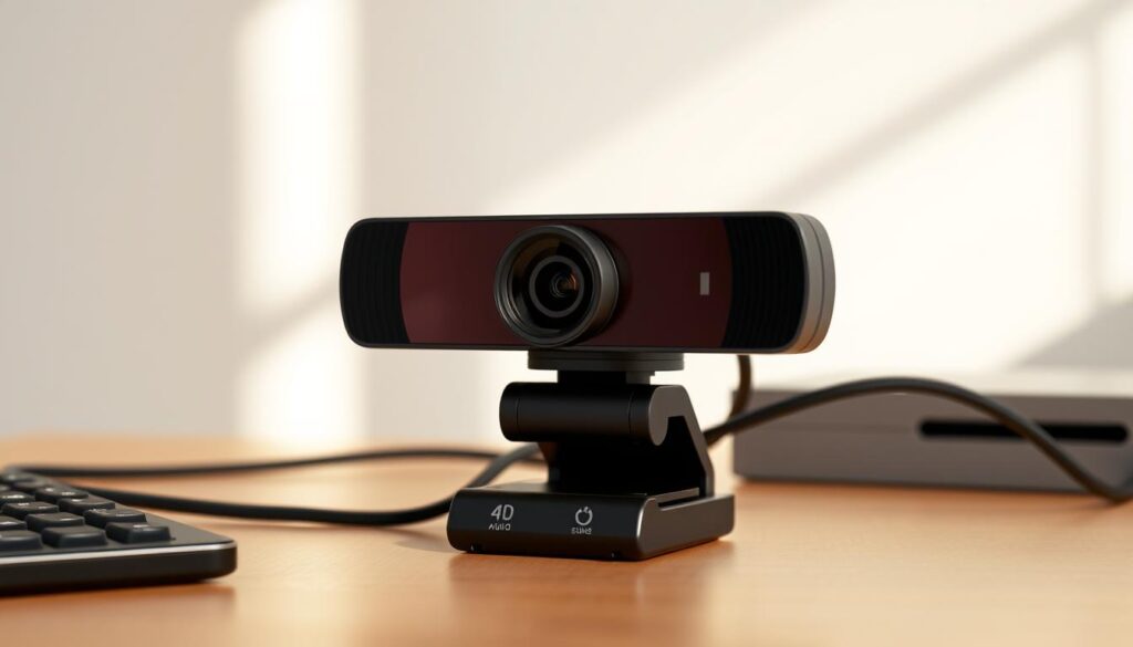 A sleek, professional-grade webcam resting on a modern, minimalist desk setup. The camera's high-resolution lens captures crystal-clear 4K video at a smooth 30 fps, with advanced autofocus and low-light performance. Soft, diffused natural lighting illuminates the scene, creating a warm, inviting atmosphere. The webcam's elegant matte black finish blends seamlessly with the surroundings, highlighting its versatile, utilitarian design. The scene conveys a sense of efficiency and productivity, perfectly suited for a variety of video conferencing, streaming, or content creation scenarios.