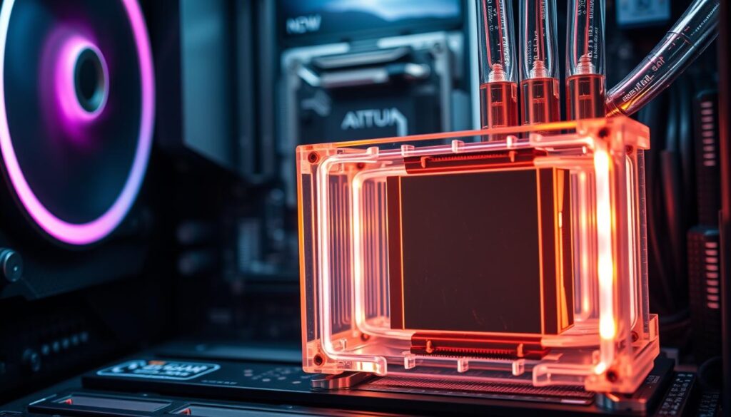 A close-up, detailed view of a water block installation for CPU and GPU in a high-performance computer. In the foreground, showcase a sleek, well-lit water block made of polished copper and transparent acrylic, with tubes seamlessly connecting it to a cooling reservoir. The middle ground features a motherboard and GPU, positioned artistically to highlight the components, with intricate wiring in a neat arrangement. The background fades softly, focusing on the sophisticated cooling setup. Use dramatic ambient lighting to cast subtle reflections on the water block, enhancing its sleek design. The atmosphere should feel high-tech and precise, evoking a sense of innovation in liquid cooling technology. The angle should emphasize the depth and layering of components, creating a striking visual representation of advanced thermal management systems.