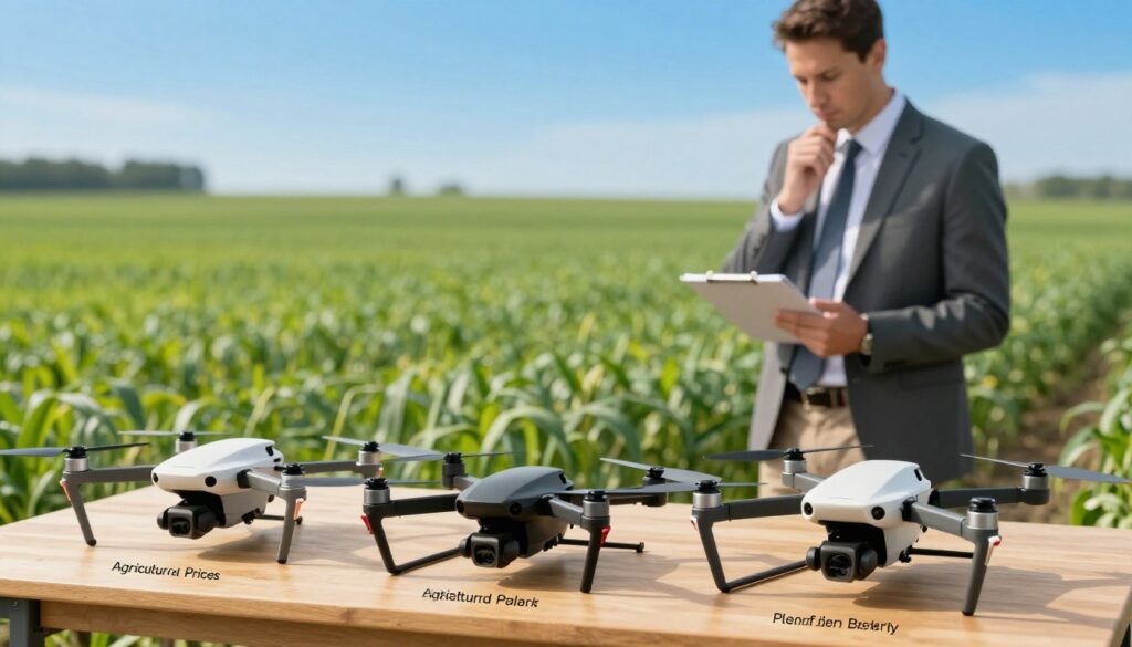 A detailed, informative visual comparing agricultural drone prices and features. In the foreground, display a high-resolution image of various drones, each labeled with key specifications such as weight, battery life, and payload capacity, arranged on a wooden table. In the middle ground, include a farmer examining the drones, dressed in professional business attire, looking thoughtfully at the devices with a notepad in hand. The background features a lush green field with crops, hinting at the agricultural context, and a vibrant blue sky. Soft, natural lighting highlights the drones, creating an inviting atmosphere that conveys the promise of technological advancement for small farmers. Shot with a moderate depth of field, ensuring both the drones and the farmer are in clear focus.