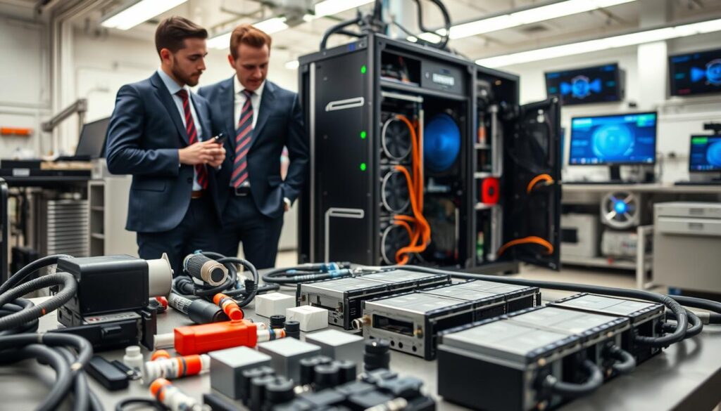 A detailed scene depicting the preparation for installing a liquid cooling system for supercomputers. In the foreground, a team of three professionals dressed in smart business attire are examining the components laid out on a workbench, including cooling pipes, water blocks, and thermal paste. The middle ground showcases a large supercomputer chassis with its side panels removed, revealing intricate internal configurations that will accommodate the cooling system. In the background, a well-lit lab environment with high-tech equipment and computer monitors displaying temperature readings creates a scientific atmosphere. Bright, natural lighting enhances the clarity of the scene, while a shallow depth of field focuses on the team’s collaborative effort, conveying a sense of meticulous preparation and teamwork.