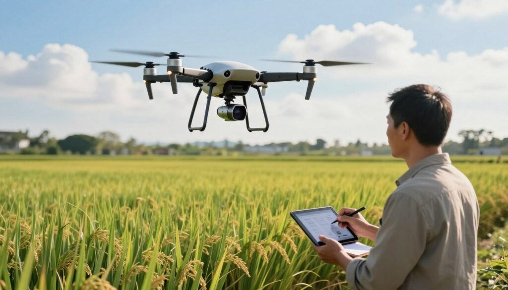 A professional agricultural drone, sleek and modern, hovering above a lush green rice field showcasing its advanced sensors and cameras. In the foreground, a thoughtful farmer in modest casual clothing is examining drone specifications on a tablet, taking notes. The middle ground shows a vibrant landscape of crops and the drone in action, capturing data with its propellers gently spinning. In the background, a bright blue sky with fluffy white clouds enhances the scene, while soft sunlight casts a warm glow over the entire area, creating an optimistic and productive atmosphere. The image should capture the essence of choosing the right agricultural drone with a focus on innovation and practicality.