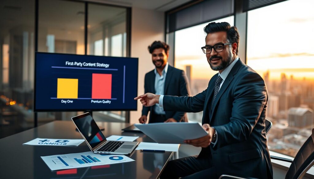 A professional business meeting scene featuring a diverse group of three individuals discussing "First-Party Content Strategy" in a modern conference room. In the foreground, a well-dressed man in a suit points to a digital presentation showcasing two columns labeled “Day One” and “Premium Quality.” The middle ground shows a laptop and papers with charts, emphasizing game statistics. In the background, a large window reveals a city skyline at dusk, casting warm golden light into the room, enhancing the collaborative atmosphere. The individuals display engaged expressions, embodying a sense of strategic thinking and innovation. The overall mood is focused yet dynamic, highlighting the importance of quality content in gaming strategies. A professional business meeting scene featuring a diverse group of three individuals discussing "First-Party Content Strategy" in a modern conference room. In the foreground, a well-dressed man in a suit points to a digital presentation showcasing two columns labeled “Day One” and “Premium Quality.” The middle ground shows a laptop and papers with charts, emphasizing game statistics. In the background, a large window reveals a city skyline at dusk, casting warm golden light into the room, enhancing the collaborative atmosphere. The individuals display engaged expressions, embodying a sense of strategic thinking and innovation. The overall mood is focused yet dynamic, highlighting the importance of quality content in gaming strategies.