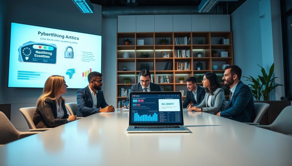 A professional workspace focused on cybersecurity prevention techniques against phishing attacks. In the foreground, a diverse group of professionals, dressed in smart business attire, collaborate around a sleek conference table with a laptop displaying a cybersecurity dashboard showing analytics and alerts. The middle ground features a large screen displaying visual representations of phishing techniques and prevention tips, illuminated by soft blue and white lighting for a tech-savvy atmosphere. In the background, bookshelves filled with cyber-security literature and plants add a clean, organized vibe. Capture the shot from a low angle to emphasize collaboration, with a bright, motivated atmosphere that conveys safety and vigilance against online threats.