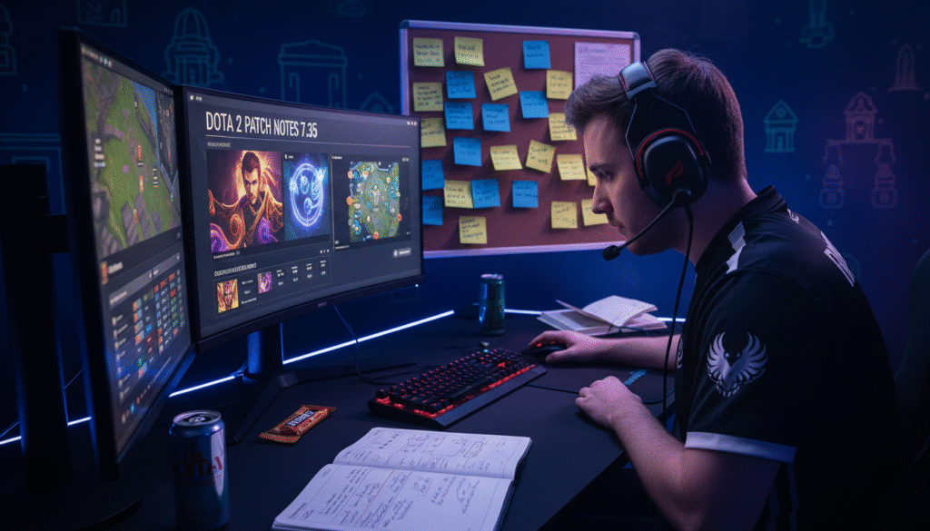 A strategic gaming scene depicting a professional Dota 2 player intensely analyzing patch notes on a large screen, with vibrant graphics of character abilities and maps in the background. The player, dressed in a sleek gaming jersey and headset, sits at a modern gaming setup with multiple monitors and atmospheric RGB lighting. The foreground features intricate details like gaming peripherals, energy drinks, and strategy notebooks. The middle background showcases a bulletin board filled with tips and strategies handwritten on sticky notes. The overall mood is focused and energetic, reflecting the determination to climb MMR. The lighting is dramatic, highlighting the player's concentration, with a depth of field effect to emphasize the main subject.