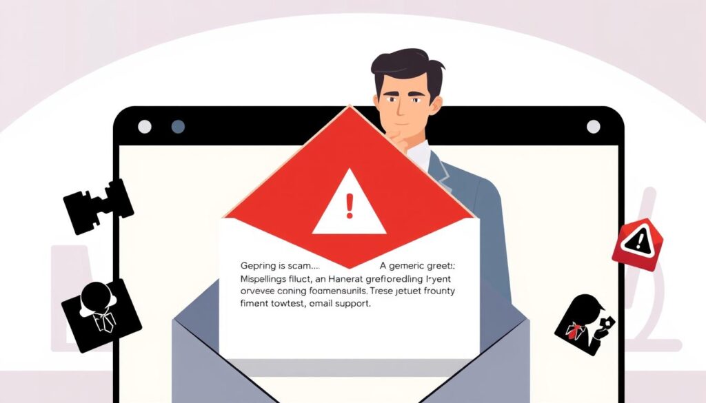 A stylized illustration of an email inbox screen, prominently featuring a suspicious email marked with a red warning triangle. In the foreground, highlight details of the email such as phishing indicators: a generic greeting, misspellings, and urgent financial requests. Surround the inbox with subtle visual elements symbolizing threats, like shadowy figures or alert icons. The middle layer should show a person dressed in professional attire, thoughtfully reviewing the email with a concerned expression. In the background, depict office elements like a desk and computer setup, emphasizing a work environment. Use soft, diffused lighting to create a serious yet approachable atmosphere, suggesting the importance of vigilance against online scams.