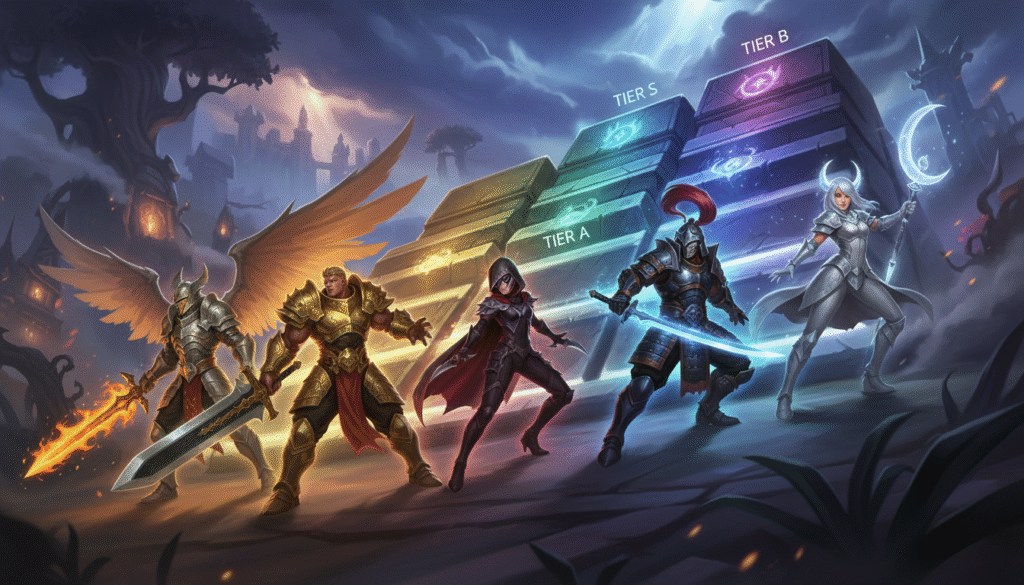 A vibrant and dynamic Dota 2-themed artwork showcasing a hero carry tier list. In the foreground, display exquisite character portraits of the top five dominating heroes, each illustrated in an iconic, battle-ready pose, adorned in radiant armor and wielding signature weapons. The middle ground features a stylized tier ranking chart, with clear, bold divisions between tiers, emphasizing the hierarchical nature of the rankings. Background elements include a mystical Dota 2 battlefield scene, with faint outlines of epic landscapes and ethereal smoke. Use dramatic lighting to highlight the heroes, creating a sense of depth and movement. Capture an atmosphere of competitiveness and excitement, ideal for illustrating current meta trends in the game while ensuring a professional presentation without any text or overlays.