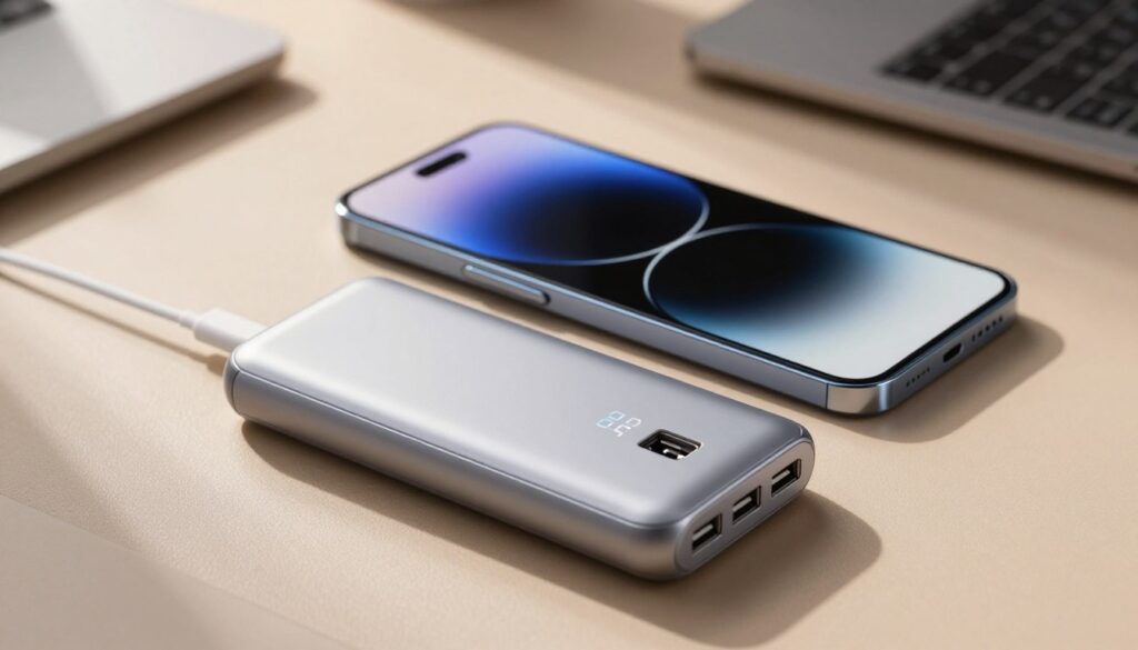 A high-capacity power bank positioned prominently in the foreground, showcasing its sleek and modern design. The power bank features multiple USB ports and a digital display indicating battery percentage, reflecting advanced technology suitable for Xiaomi 14 and POCO F6 Pro users. In the middle ground, a stylish smartphone is slightly tilted towards the power bank, emphasizing their compatibility. The background includes a soft-focus office setting, with subtle hints of tech gadgets to create a professional atmosphere. Warm, natural lighting casts gentle shadows, adding depth to the scene. Capture the image from a slight overhead angle to enhance the visual appeal. The overall mood should convey innovation, reliability, and sleek modernity, suitable for tech enthusiasts.